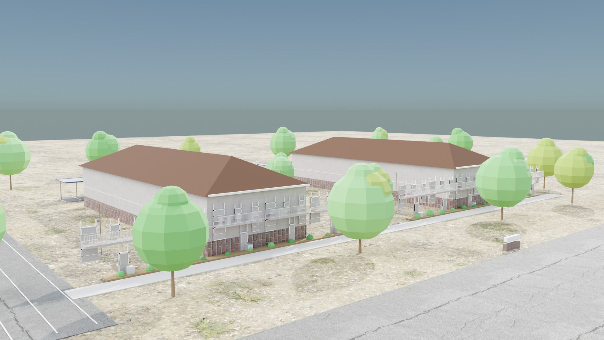 Two-storey affordable apartment buildings with brick bases and balconies, set among trees