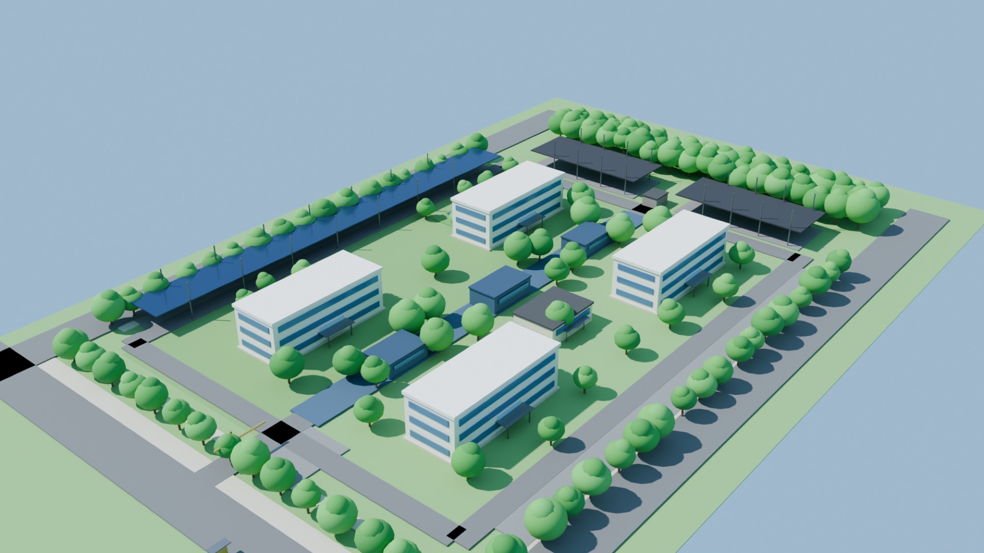 Aerial view of a planned community with four apartment buildings, community buildings and solar carports